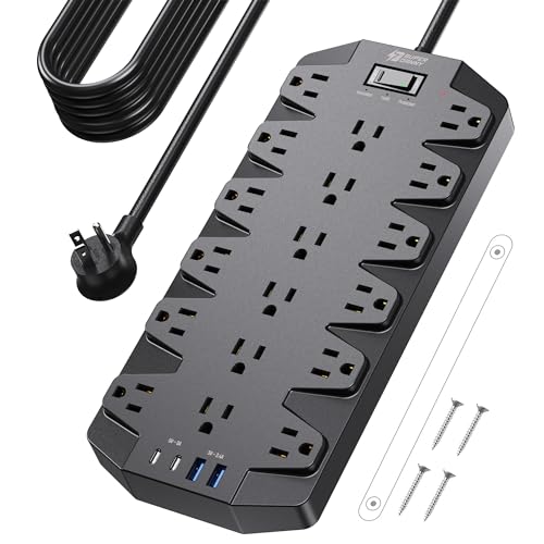 SUPERDANNY 18 AC Power Strip Surge Protector, 15FT, Flat Plug, 1875W/15A - color: Black, size: 15 FT