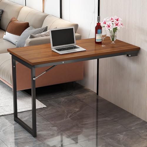 Wall Mounted Folding Table, Flip-up Dining Table, Fold Down Wall Mount Desk with Support Legs, Floating Drop Leaf Desk for Office Kitchen Living Room(Brown,90x60cm(36x24in)) - color: Brown, size: 90x60cm(36x24in)