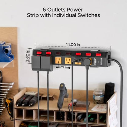 CRST 6 Outlet Metel Power Strip with Individual Switches 15A/1875W, 6FT - color: Yellow and Black, size: 6FT