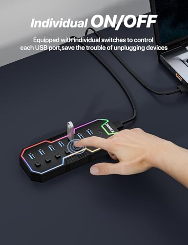 USB Hub 7 Port, RGB LED Strip USB Splitter for Laptop Gaming | USB 3.0 Hub with Individual LED On/Off Switches for Mac, PC, Desktop, Flash Drive, Mobile HDD