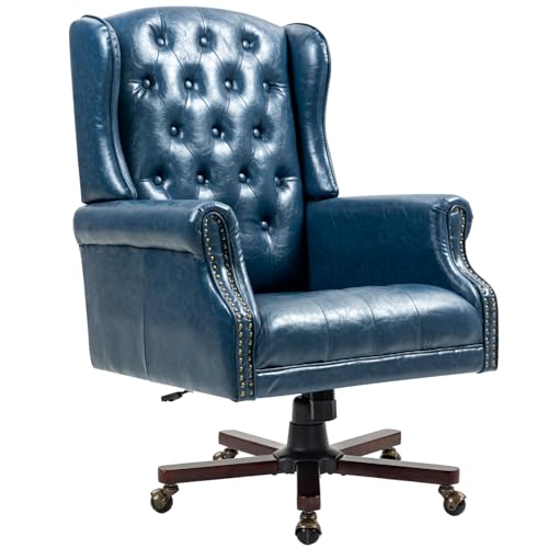 Executive Desk Chair, Ergonomic 360° Swivel Recliner Chair, Blue | Faux Leather Wingback Home Office Chair with Nail Head Trim & Tufted Back, Big and Tall Office Chair for Home and Living Room - color: Deep Blue, style: Classic