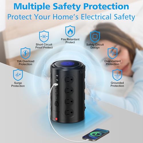 20FT Power Strip Tower Surge Protector,16 Wide‑Spaced Outlets & 5 USB Ports - size: 20FT without wireless charging