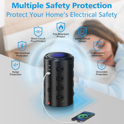 20FT Power Strip Tower Surge Protector with 15W Wireless Charger - size: 20Feet