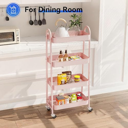 NEWBULIG 4-Tier Metal Rolling Storage Utility Cart with Lockable Wheels - color: Pink, size: 4 Tier