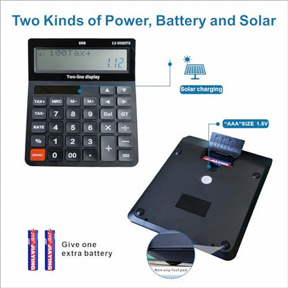 DECKLIT Battery and Solar Unique 120-Step Calculation Check 12 Digit 2 Line Extra Large Calculator Big Buttons and 5.5" LCD Display, Configurable Tax Rate Financial Calculator for Tax Calculations - color: 2 line black