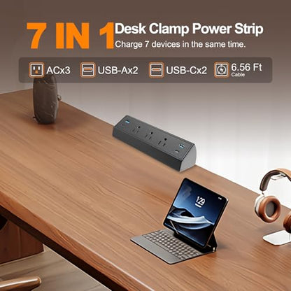 Fast Charge USB C Desk Clamp Power Strip 40W, Desktop Edge Mount 2 PD 20W USB-C Ports&2 QC 18W USB A Ports 3 Outlets Flat Plug for Home Office School Hotel ETL (Black) - color: Black