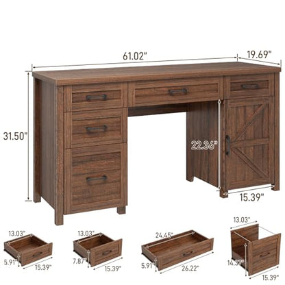 Vabches Farmhouse 61'' Rustic Office Desk with 5 Drawers(Red-Brown) - color: Red-brown, size: 61"W