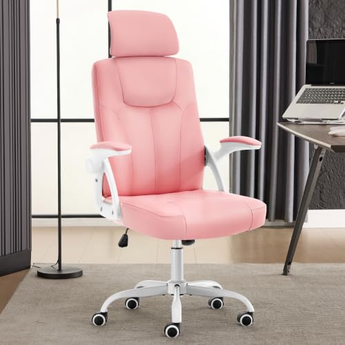 Leather Office Chair,Executive Ergonomic Desk Chair for Home Office, White-Pink - color: White-pink