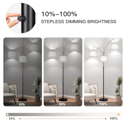 Dimmable Floor Lamp, 3 Lights Black Arc Floor Lamp, Modern Tall Standing Tree Lamp with Grey Linen Shades & Heavy Base, 3000LM LED Bulbs, Bright Lighting for Living Room, Bedroom, Office & Reading - color: Matte Black-Gray Linen Shades