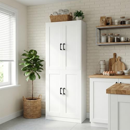 DIYART 71" Tall Kitchen Pantry Cabinet, Freestanding Food Storage Organizer with Doors & Adjustable Shelves, Large Utility Hutch Cupboard for Dining Room, Kitchen & Home Office, White - color: White