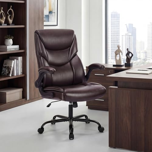 Executive Office Chair, PU Leather Ergonomic High Back Managerial Computer Task Desk Chair with Wheels, Flip-up Armrest, Adjustable Height, Swivel with Lumbar Support, Leather Brown - color: Leather Brown