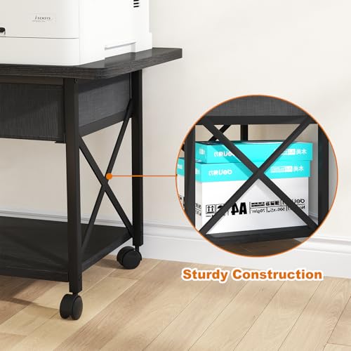 EasyCom Large Printer Stand with Fabric Storage Drawer and Locking Wheels - color: Black, size: Large