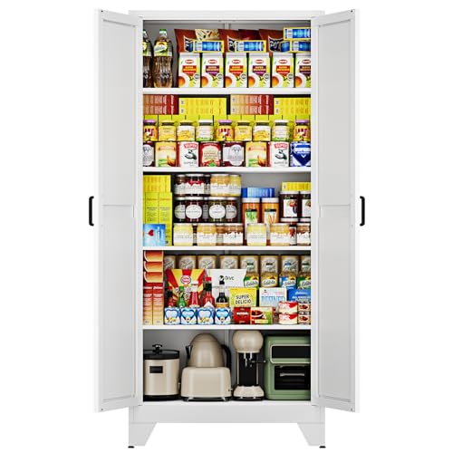 Letaya 75" H Metal Storage Cabinet with 2 Doors and 4 Shelves,Tall Kitchen Pantry Cabinets,Farmhouse Utility Pantry Organizers for Cupboard/Dining/Bathroom/Home Office/Garage,White - color: White, size: 16" D x 32" W x 75" H