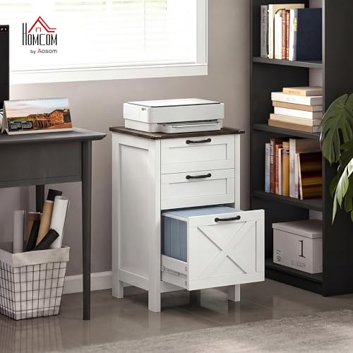 HOMCOM 3 Drawer File Cabinet Printer Stand Silent Slides Distressed White | Vertical Filing Cabinet for Hanging A4/Letter Size, Rustic Farmhouse Printer Stand with Storage, Home Office - color: Distressed White
