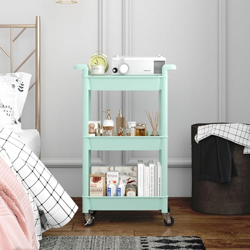 MIOCASA 3-Tier Utility Rolling Cart with Cover Top Board, Kitchen Storage Organization, Art Cart with Wheels for Office, Classroom, Livingroom, Kitchen, Bathroom, Green, Plastic - size: 3-Tier, style: Green