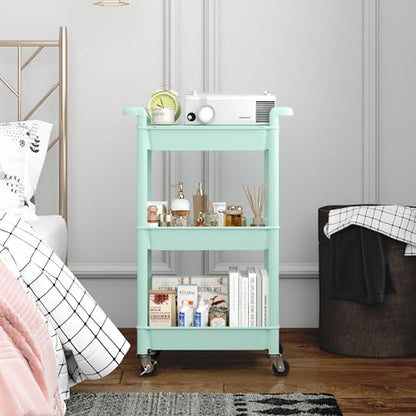 MIOCASA 3-Tier Utility Rolling Cart with Cover Top Board, Kitchen Storage Organization, Art Cart with Wheels for Office, Classroom, Livingroom, Kitchen, Bathroom, Green, Plastic - size: 3-Tier, style: Green