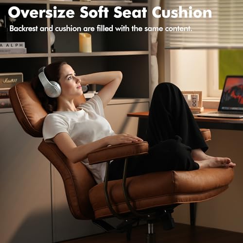Brown Leather Home Office Chair, Ergonomic High Back Executive Chair with Deep Seat Thick Cushion, Mid Century Modern Big and Tall Computer Desk Chair with Lumbar Support (Light Brown Suede) - color: Brown,suede Fabric, size: Big High Back