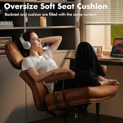 Brown Leather Home Office Chair, Ergonomic High Back Executive Chair with Deep Seat Thick Cushion, Mid Century Modern Big and Tall Computer Desk Chair with Lumbar Support (Light Brown Suede) - color: Brown,suede Fabric, size: Big High Back