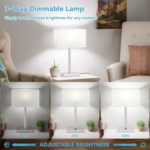 Touch Lamps for Bedroom Set of 2, 3 Way Dimmable White Bedside Table Lamp | Modern Table Lamp for Nightstands, White Nickel Desk Lamp for Home Office, with USB C+A, End Tables Bed Side, Bulb Included - color: C. White&Nickel