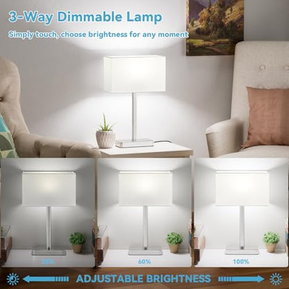 Touch Lamps for Bedroom Set of 2, 3 Way Dimmable White Bedside Table Lamp | Modern Table Lamp for Nightstands, White Nickel Desk Lamp for Home Office, with USB C+A, End Tables Bed Side, Bulb Included - color: C. White&Nickel