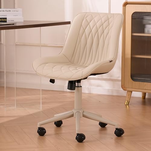 YOUNIKE Faux Leather Office Desk Chair Comfy Vanity Chair Armless Cream | Ergonomic Upholstered Rocking Back, Swivel with Wheels, Height Adjustable, Modern Task Chair For Computer Sewing Drafting - color: Cream