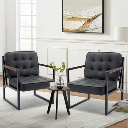 COLAMY Mid Century Modern Accent Chair Set of 2, Comfy Living Room Chair, Black Leather Accent Chair, Faux Leather Reception Armchair with Metal Legs for Living Room Bedroom Reception Office, Black - color: Black, size: Set of 2