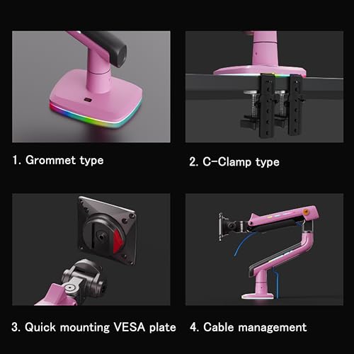 NB Gaming Monitor Arm or for 32 to 60 Inches Screen, Load up to 20 kg, VESA 75/100, RGB-Light, Heavy Duty, Multi Angle Adjustable, Premium Aluminum, Pink - color: Fantasy Pink