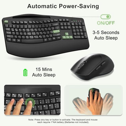 Wireless Keyboard and Mouse Combo, 2.4G Ergonomic Wave Keys(AvocadoGreen) - color: Black and Avocado Green