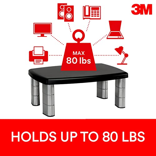 3M Adjustable Monitor Stand, Three Leg Segments, Simply Adjust Height from 1" to 5 7/8", Holds Up to 80 lbs, 11" Space Between Columns, Silver/Black (MS80B) - size: 11-Inch