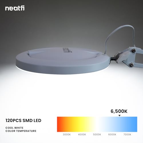 Neatfi LED Magnifying Lamp with Clamp | 2.25x Magnification | 120 SMD LEDs | 1,200 Lumens | 12W | Adjustable Color Temperature Desk Lamp Magnifier (White-3, 5-Diopter) - color: White-3, size: 5-Diopter
