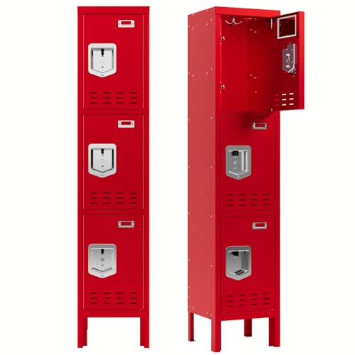 BUTISOW 3 Door Employee Metal Locker w/Card Slot for School Gym Office | Ventilated Metal Steel Locker with Mirror & Multi Hooks for Secure Storage - color: Red, size: 3 Door - (66.15" H x 11.8" W x 11.8" D)