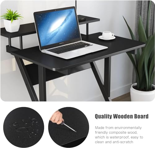 Dripex Computer Desk for Small Spaces, 27.5 inch Small Computer Desk, 3 Tier Compact Desk with Monitor Shelf and Bottom Storage Shelves, Space Saving Desk, Black - color: Black