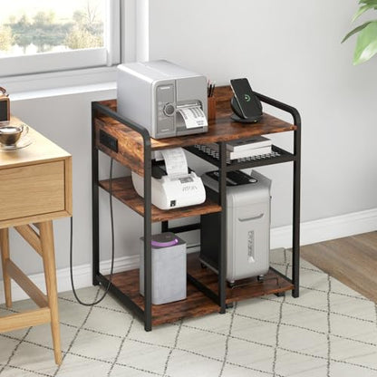 3-Tier Printer Stand with Storage Shelf and Power Outlet for Home Office - color: Brown