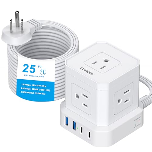 Power Strip 25 FT Extra Long Extension Cord | Flat Plug Surge Protector (700J) with 5 Outlets, 2 USB-C, 2 USB-A for Apartment, Home Office, Recreational Vehicle - color: White-25FT