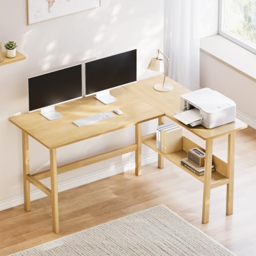 NELYE 55" Reversible L Shaped Desk with Shelf for Home Office, Oak | Fits Corner Spaces, Trapezoid Oak Legs & Reinforced Corners Reduce Wobble, Holds 330 Lbs, Suitable for Working and Studying - color: Oak, size: 55 inches