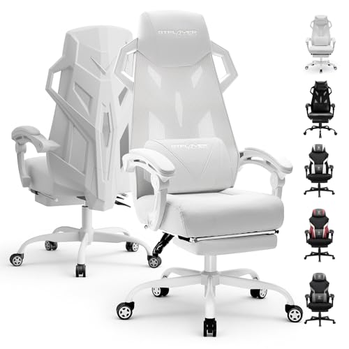 GTPLAYER Computer Chair with Adjustable Footrest, Ergonomic Gaming Chair with Headrest and Lumbar Support, Breathable Mesh Office Chair for Adults, High Back Reclining Desk Chair for Gaming and Office - color: White