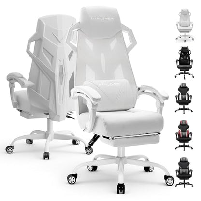GTPLAYER Computer Chair with Adjustable Footrest, Ergonomic Gaming Chair with Headrest and Lumbar Support, Breathable Mesh Office Chair for Adults, High Back Reclining Desk Chair for Gaming and Office - color: White