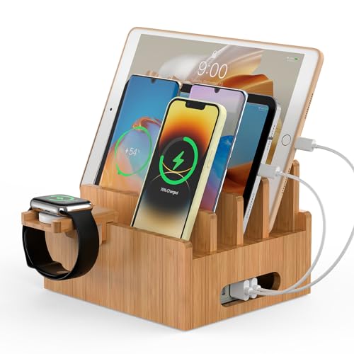 Pezin & Hulin Bamboo Charging Stand, Dock Organizer for Multi Devices, Cell Phone, Tablets, Smart Watch, with Pack 5 Cables, No Power Charger Block - color: Without Charger