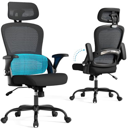 TRALT Office Chair - Ergonomic Desk Chair with Headrest Support for Adults | Home Office Desk Chair with Lumbar Support - Ergonomic Mesh Chairs 330 lb Wide Seat with Headrest, Comfy Desk Chair(Black) - color: Black