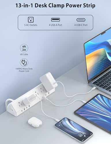 Jgstkcity Desk Clamp Power Strip USB C 45W,1200J Surge Protector | 4 USB-C,Edge Mount,1875W Extension Cord,15A Switch,ETL Listed,Office,Gaming,Dorm - color: White, size: 6 FT