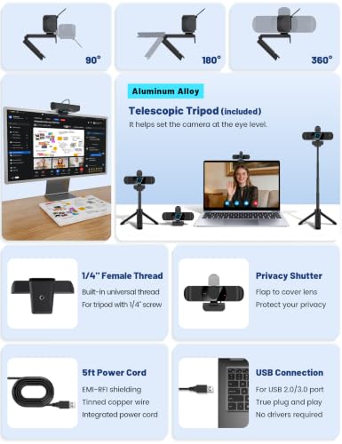 Pro UHD 4K/30fps Webcam with Tripod, External USB Camera for PC/Laptop | Dual noise-cancelling mics | Auto-focus | Wide-angle | Low-light correction | 360° rotation | CMOS sensor | Plug and Play - style: 4K | 30fps | USB Cable | Tripod Included
