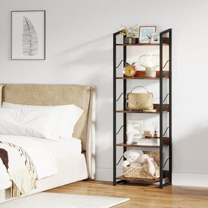 Hosfais 5 Tier Tall Bookshelf: Industrial Wood Book Shelf with Edge Protection Metal Narrow Bookshelf Bookcase Storage Organizer Display Rack for Living Room Home Office (Rustic Brown) - color: Rustic Brown
