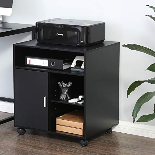 FITUEYES Mobile Wood Printer Stand with Cabinet & Adjustable Shelves, Black