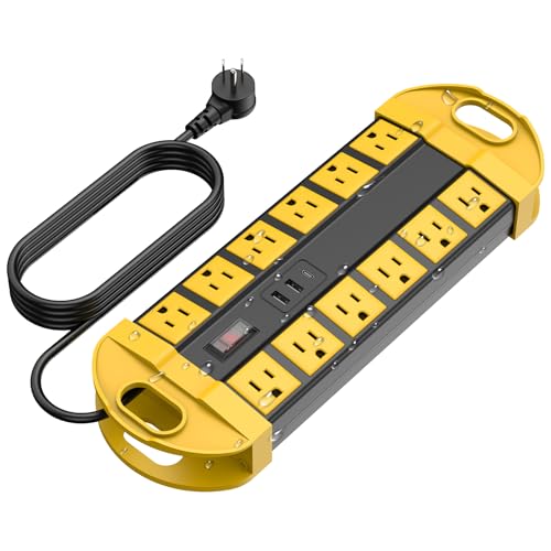 CCCEI Outdoor Power Strip Weatherproof with 12 Plug, Waterproof Extension Cord with Multiple Outlets and USB C Port, Christmas Exterior Garden Yard Surge Protector 15FT, Yellow - size: 15FT