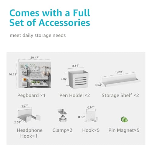 PEGZONE Clamp on Desk Pegboard, 20.4" x 16.5", with 15 Accessories, White | Magnetic Metal Peg Board, Desk Organizer for Office Gaming Home, Privacy Panel, Large - color: White, size: Large