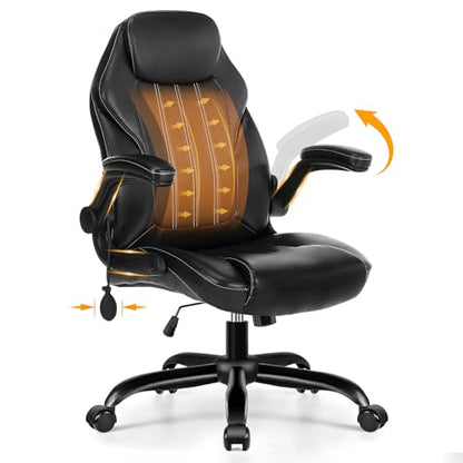 Ylzyxal Office Desk Chair, Ergonomic Computer Chair with Padded Flip-Up Arms and Adjustable Lumbar Support, PU Leather Executive Chair with Tilt Lock and 360° Swivel Rolling Wheels for Work, Study - color: Black