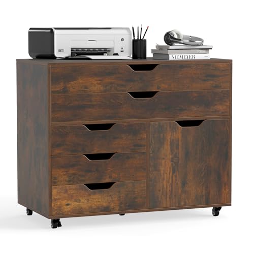 MAT EXPERT 5-Drawer Mobile File Cabinet w/Door, Lateral Filing Cabinet w/5 Universal Wheels, Rolling File Cabinets with Storage, Modern Wood Printer Stand for Home Office, Living Room (Rustic Brown) - color: Rustic Brown