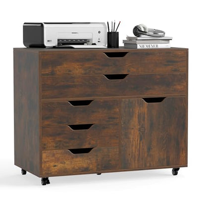 MAT EXPERT 5-Drawer Mobile File Cabinet w/Door, Lateral Filing Cabinet w/5 Universal Wheels, Rolling File Cabinets with Storage, Modern Wood Printer Stand for Home Office, Living Room (Rustic Brown) - color: Rustic Brown