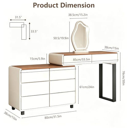 KDCAS White Vanity Desk with LED Lighted Mirror, Extendable Makeup Vanity Table with Walnut-Grain Top & Reversible Side Cabinet, L-Shaped Corner Vanity Desk for Bedroom, Home Office