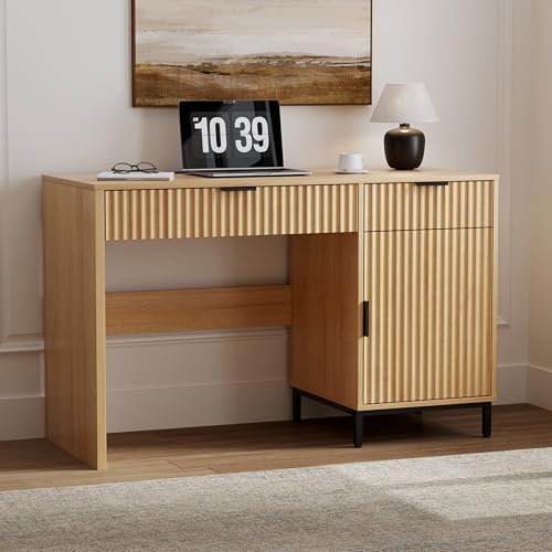 47" Executive Desk with Fluted Drawers, Wooden Home Office Desk with Storage Cabinet, Charging Station, Metal Legs Modern Farmhouse Computer Desk for Work, Study Natural Oak - color: Natural Oak